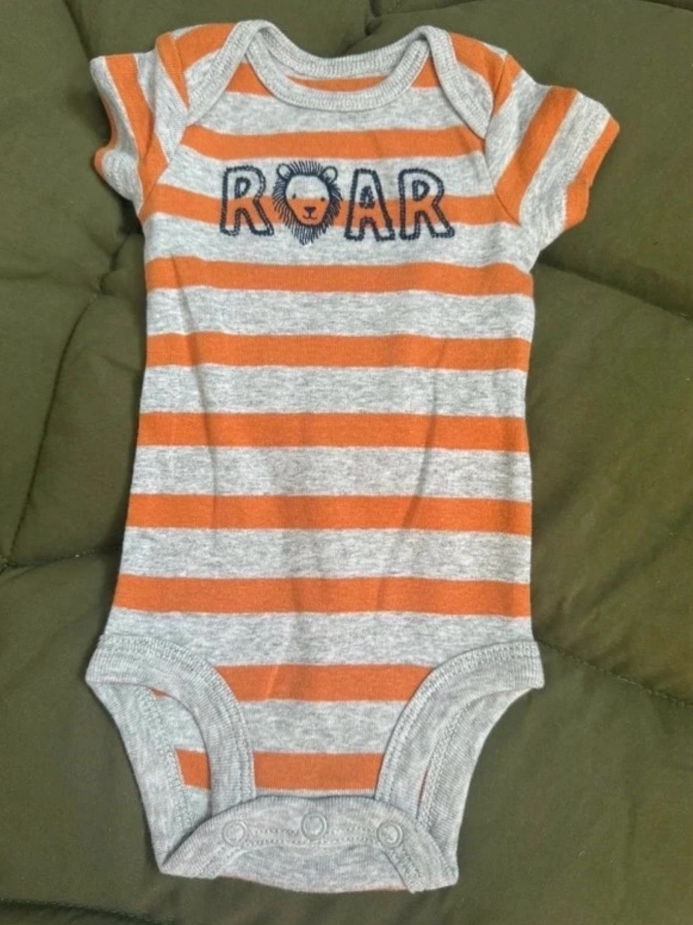 Gray & Orange Striped 'ROAR' Baby One-Piece